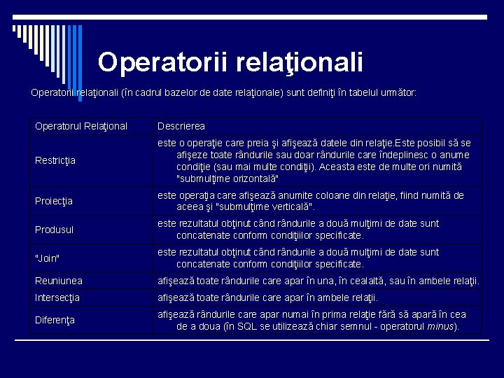 Operatorii relaţionali (în cadrul bazelor de date relaţionale) sunt definiţi în tabelul următor: Operatorul
