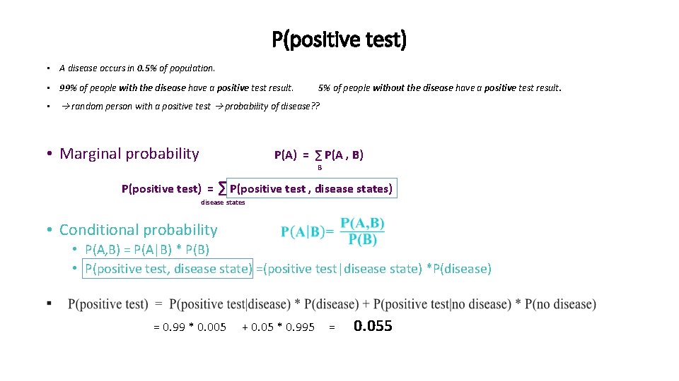 P(positive test) • A disease occurs in 0. 5% of population. • 99% of