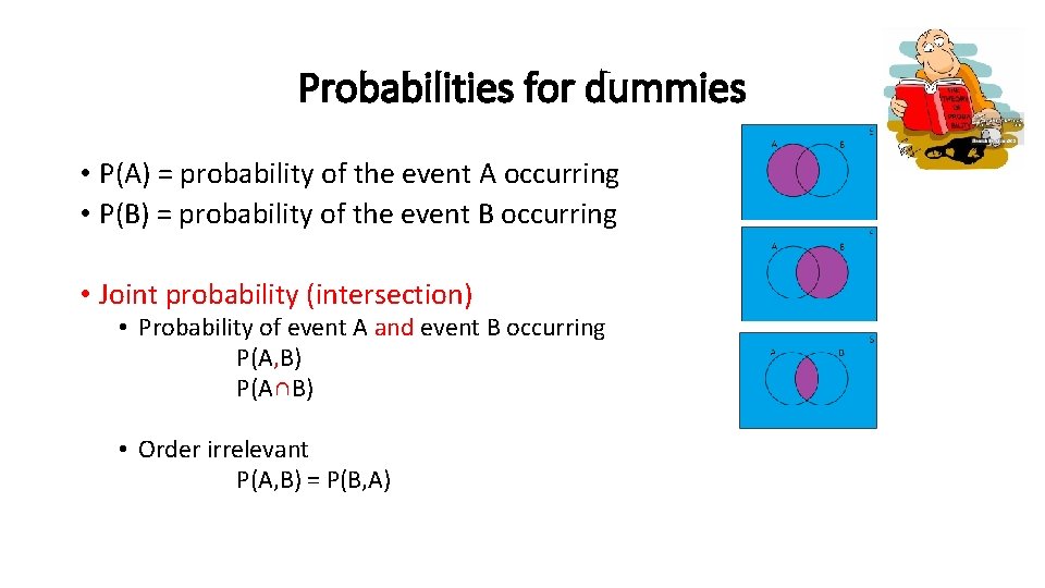 Probabilities for dummies • P(A) = probability of the event A occurring • P(B)