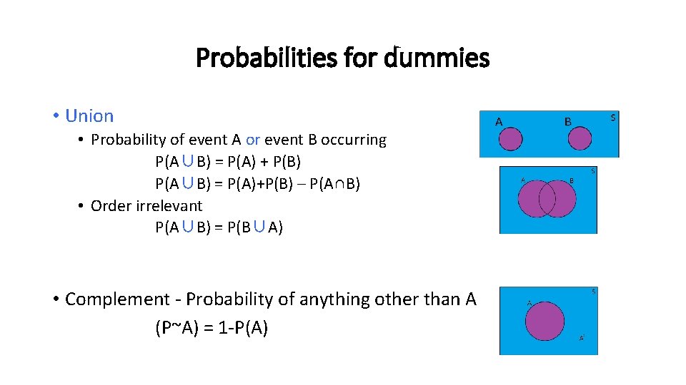 Probabilities for dummies • Union • Probability of event A or event B occurring