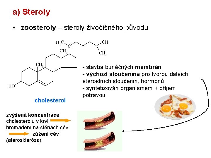 a) Steroly • zoosteroly – steroly živočišného původu cholesterol zvýšená koncentrace cholesterolu v krvi