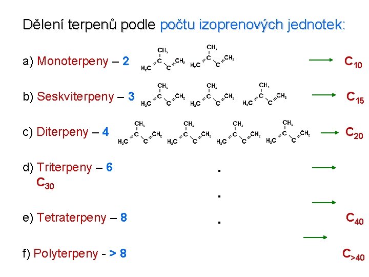 Dělení terpenů podle počtu izoprenových jednotek: a) Monoterpeny – 2 C 10 b) Seskviterpeny