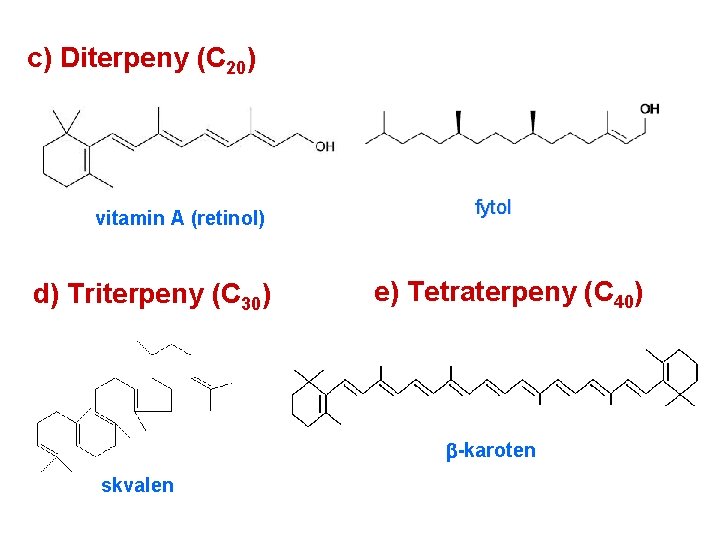 c) Diterpeny (C 20) vitamin A (retinol) d) Triterpeny (C 30) fytol e) Tetraterpeny