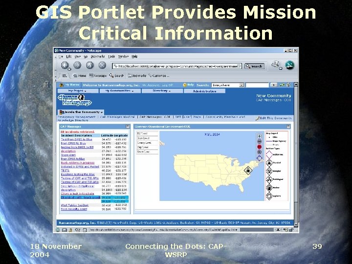 GIS Portlet Provides Mission Critical Information 18 November 2004 Connecting the Dots: CAPWSRP 39