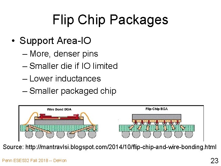Flip Chip Packages • Support Area-IO – More, denser pins – Smaller die if