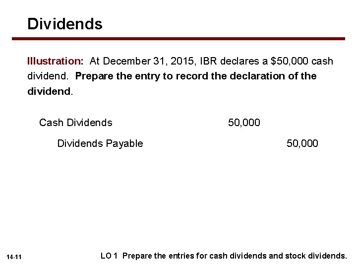 Dividends Illustration: At December 31, 2015, IBR declares a $50, 000 cash dividend. Prepare