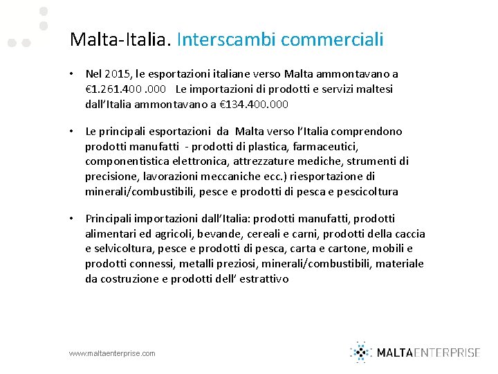 Malta-Italia. Interscambi commerciali • Nel 2015, le esportazioni italiane verso Malta ammontavano a €