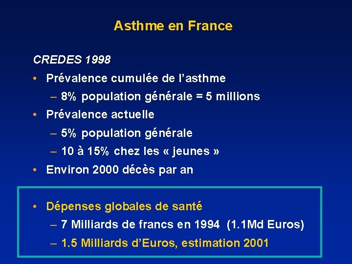 Asthme en France CREDES 1998 • Prévalence cumulée de l’asthme – 8% population générale