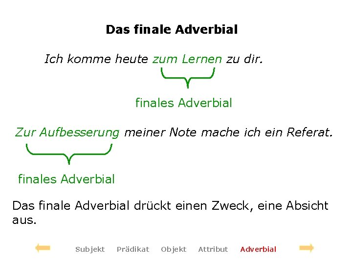 Das finale Adverbial Ich komme heute zum Lernen zu dir. finales Adverbial Zur Aufbesserung
