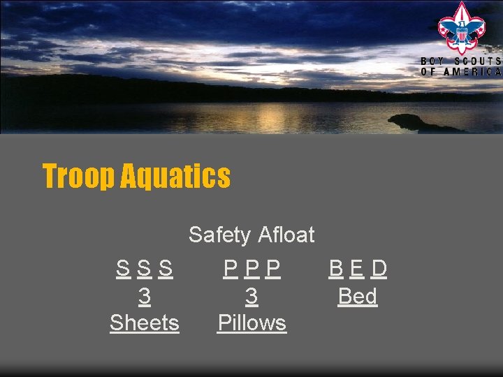 Troop Aquatics Safety Afloat SSS PPP BED 3 3 Bed Sheets Pillows 