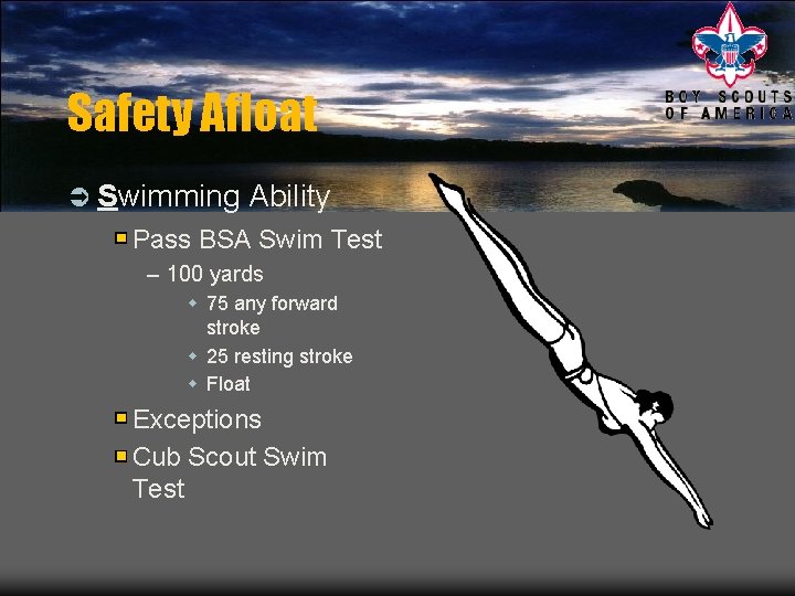 Safety Afloat Ü Swimming Ability Pass BSA Swim Test – 100 yards w 75