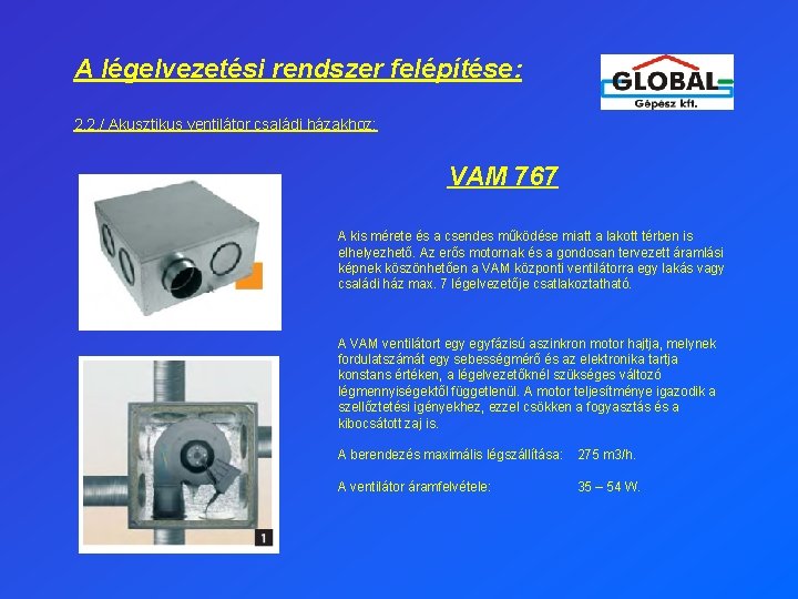 A légelvezetési rendszer felépítése: 2. 2. / Akusztikus ventilátor családi házakhoz: VAM 767 A