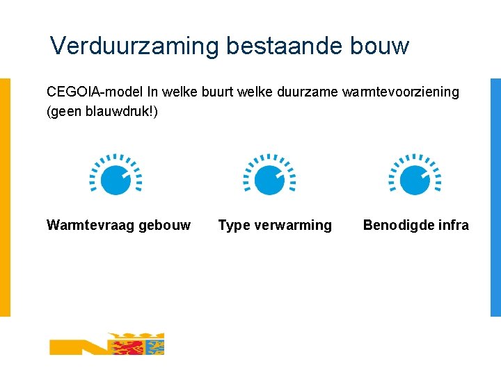 Verduurzaming bestaande bouw CEGOIA-model In welke buurt welke duurzame warmtevoorziening (geen blauwdruk!) Warmtevraag gebouw