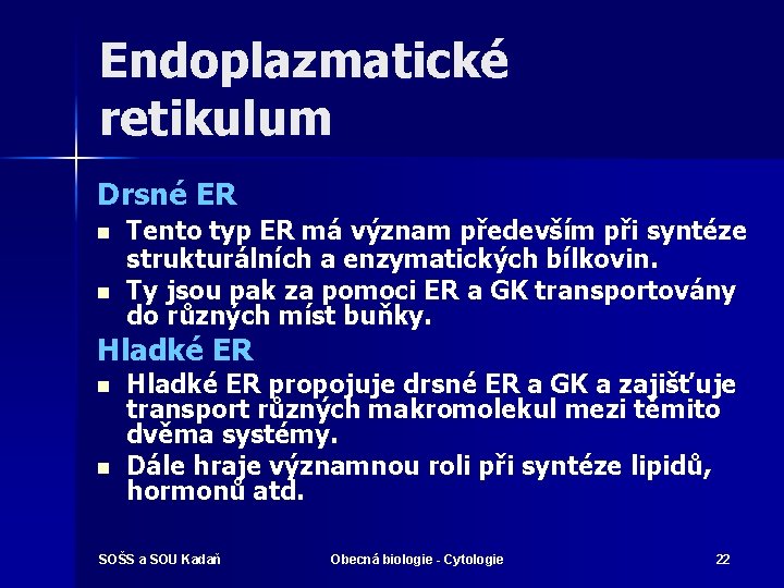 Endoplazmatické retikulum Drsné ER n n Tento typ ER má význam především při syntéze