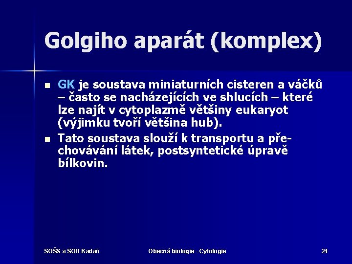 Golgiho aparát (komplex) n n GK je soustava miniaturních cisteren a váčků – často