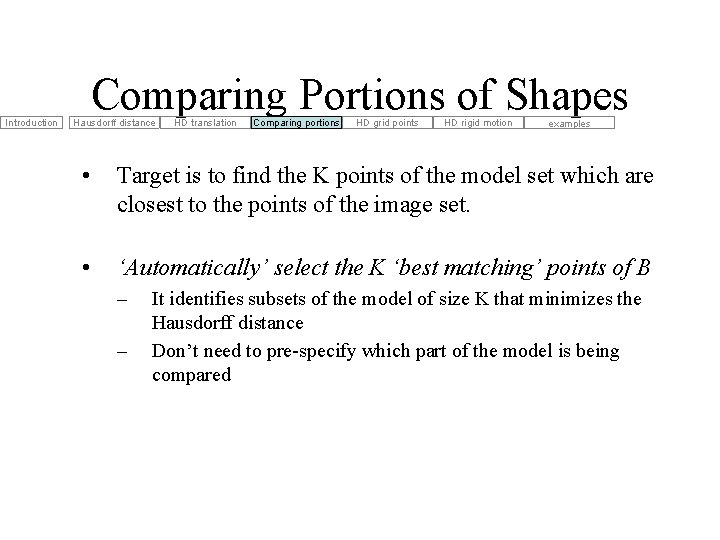Introduction Comparing Portions of Shapes Hausdorff distance HD translation Comparing portions HD grid points Introduction Comparing Portions of Shapes Hausdorff distance HD translation Comparing portions HD grid points