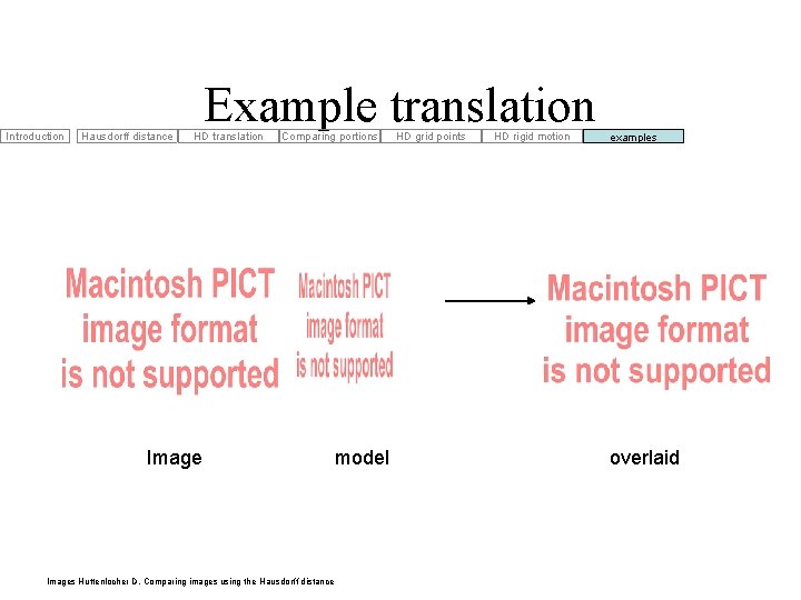Introduction Hausdorff distance Example translation HD translation Comparing portions Images Huttenlocher D. Comparing images Introduction Hausdorff distance Example translation HD translation Comparing portions Images Huttenlocher D. Comparing images