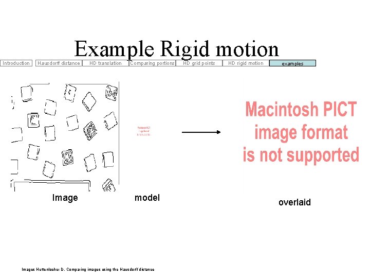 Introduction Example Rigid motion Hausdorff distance Image HD translation Comparing portions model Images Huttenlocher Introduction Example Rigid motion Hausdorff distance Image HD translation Comparing portions model Images Huttenlocher