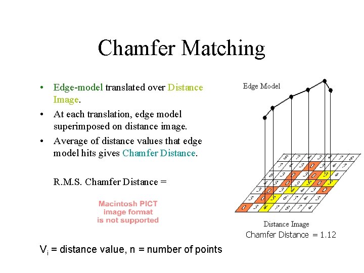 Chamfer Matching • Edge-model translated over Distance Image. • At each translation, edge model Chamfer Matching • Edge-model translated over Distance Image. • At each translation, edge model