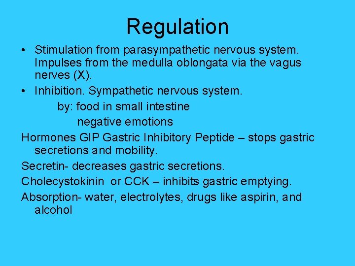 Regulation • Stimulation from parasympathetic nervous system. Impulses from the medulla oblongata via the