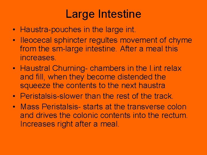 Large Intestine • Haustra-pouches in the large int. • Ileocecal sphincter regultes movement of