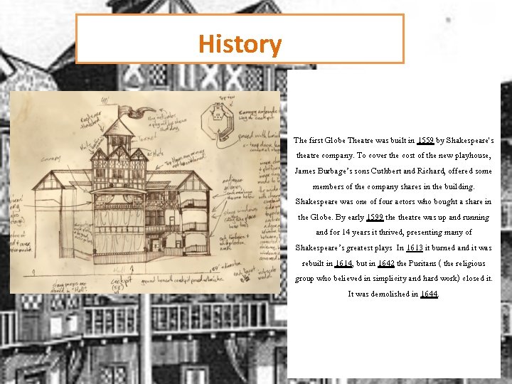 History The first Globe Theatre was built in 1559 by Shakespeare's theatre company. To