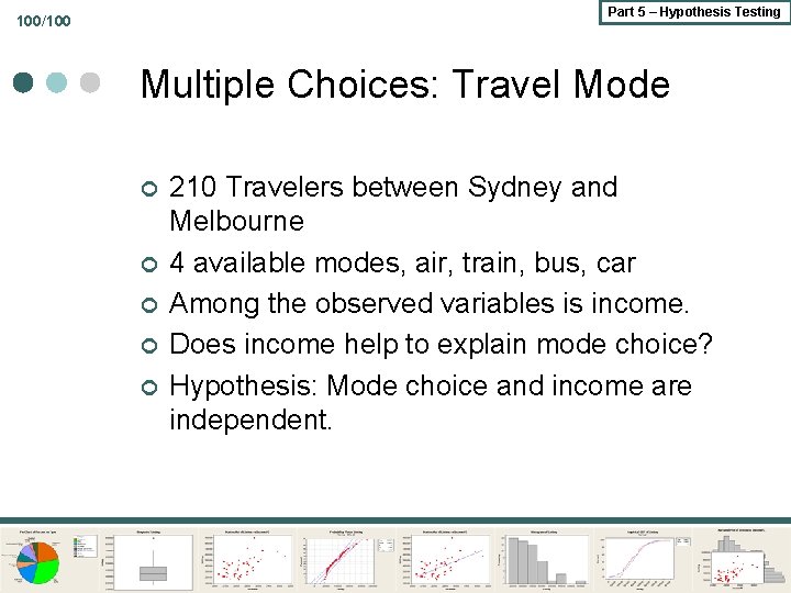 Part 5 – Hypothesis Testing 100/100 Multiple Choices: Travel Mode ¢ ¢ ¢ 210