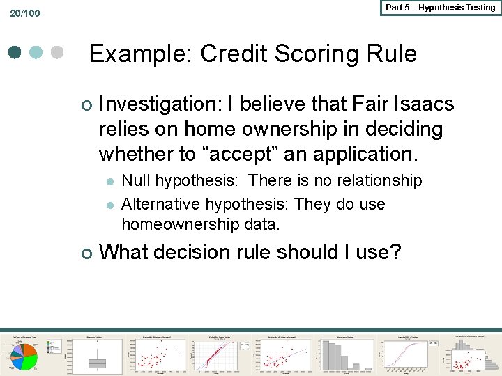 Part 5 – Hypothesis Testing 20/100 Example: Credit Scoring Rule ¢ Investigation: I believe