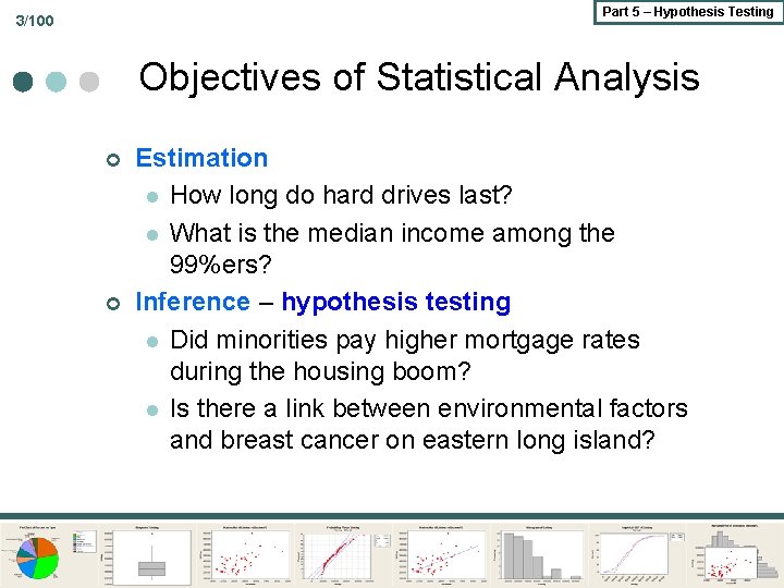 Part 5 – Hypothesis Testing 3/100 Objectives of Statistical Analysis ¢ ¢ Estimation l