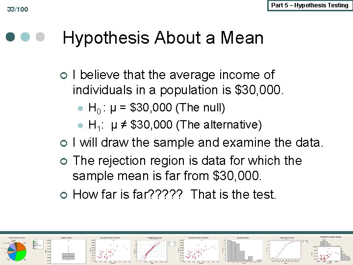 Part 5 – Hypothesis Testing 33/100 Hypothesis About a Mean ¢ I believe that