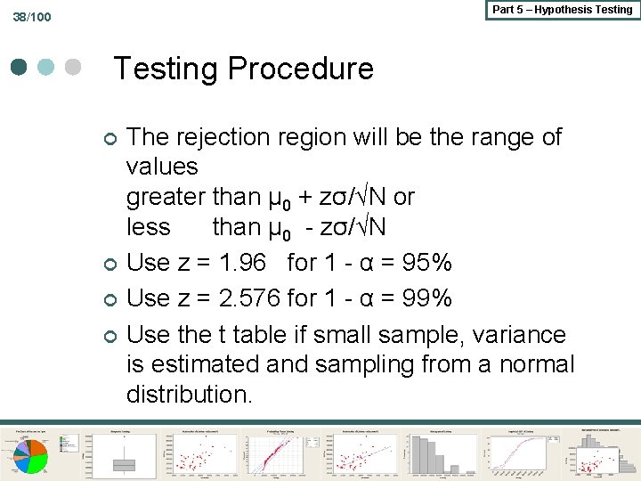 Part 5 – Hypothesis Testing 38/100 Testing Procedure ¢ ¢ The rejection region will