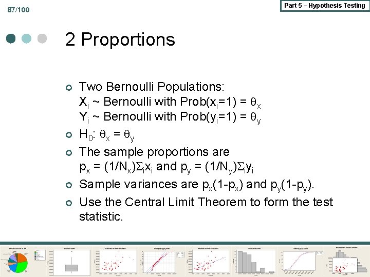 Part 5 – Hypothesis Testing 87/100 2 Proportions ¢ ¢ ¢ Two Bernoulli Populations: