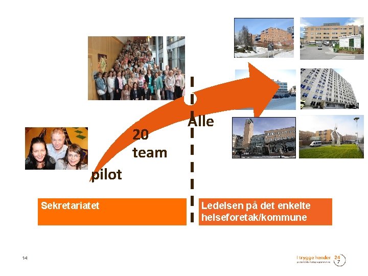 20 team Alle pilot Sekretariatet 14 Ledelsen på det enkelte helseforetak/kommune 