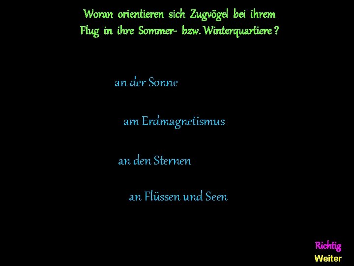Woran orientieren sich Zugvögel bei ihrem Flug in ihre Sommer- bzw. Winterquartiere ? an