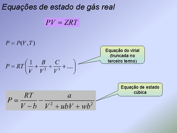 Equações de estado de gás real Equação do virial (truncada no terceiro termo) Equação