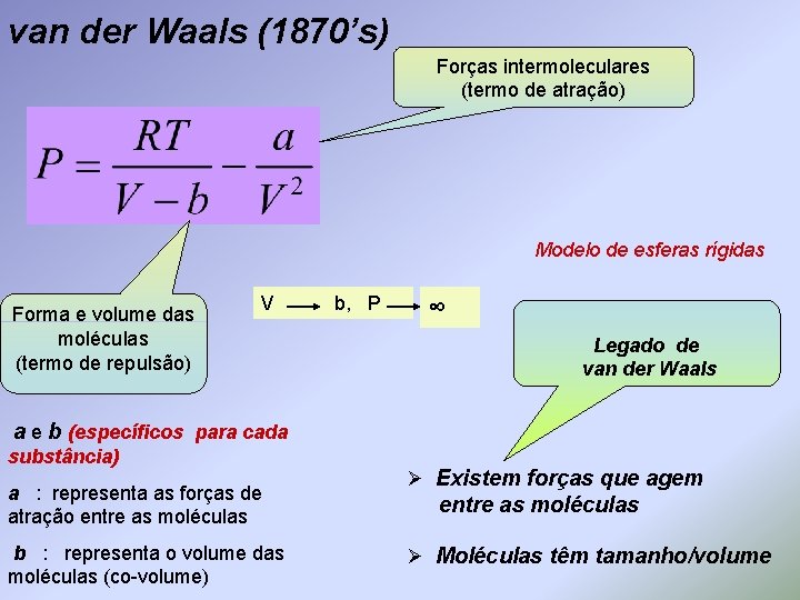 van der Waals (1870’s) Forças intermoleculares (termo de atração) Modelo de esferas rígidas Forma