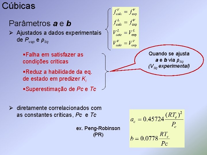 Cúbicas Parâmetros a e b Ø Ajustados a dados experimentais de Pvap e ρliq