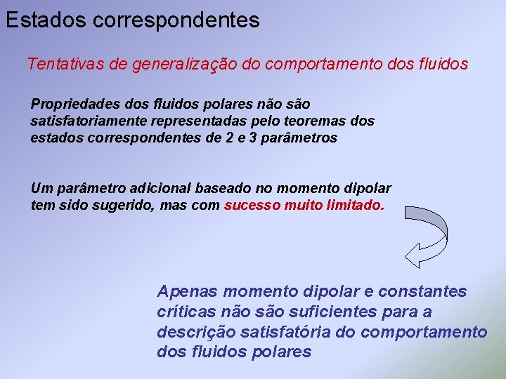 Estados correspondentes Tentativas de generalização do comportamento dos fluidos Propriedades dos fluidos polares não