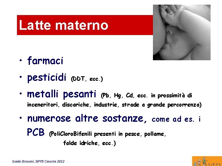 Latte materno • farmaci • pesticidi (DDT, ecc. ) • metalli pesanti (Pb, Hg,