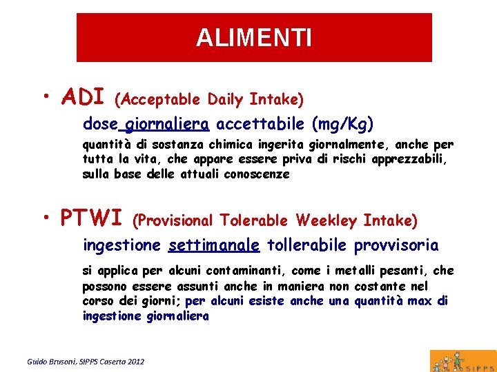 ALIMENTI • ADI (Acceptable Daily Intake) dose giornaliera accettabile (mg/Kg) quantità di sostanza chimica