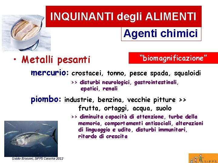 INQUINANTI degli ALIMENTI Agenti chimici • Metalli pesanti mercurio: crostacei, “biomagnificazione” tonno, pesce spada,