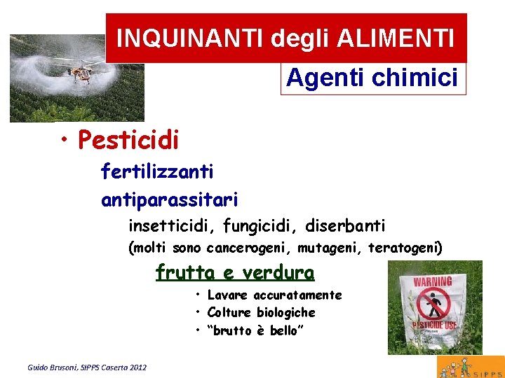 INQUINANTI degli ALIMENTI Agenti chimici • Pesticidi fertilizzantiparassitari insetticidi, fungicidi, diserbanti (molti sono cancerogeni,