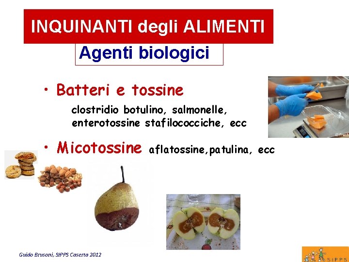 INQUINANTI degli ALIMENTI Agenti biologici • Batteri e tossine clostridio botulino, salmonelle, enterotossine stafilococciche,