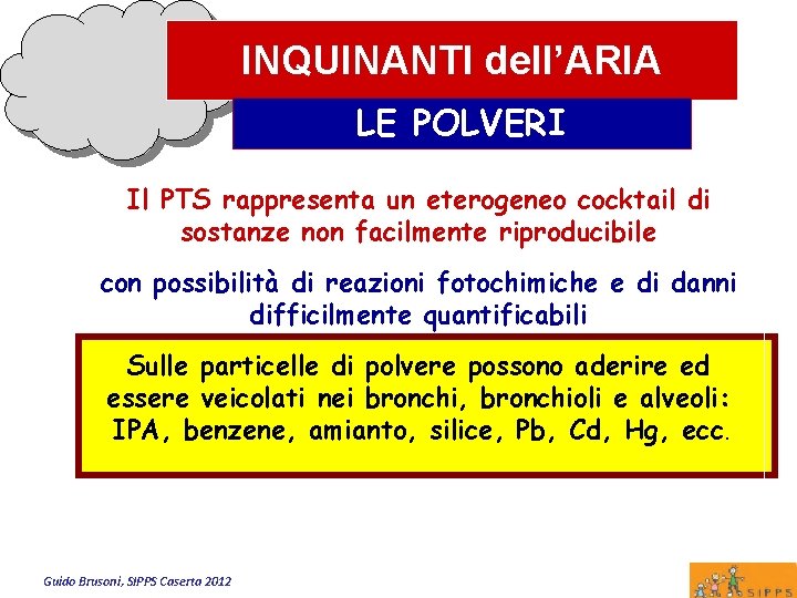 INQUINANTI dell’ARIA LE POLVERI Il PTS rappresenta un eterogeneo cocktail di sostanze non facilmente