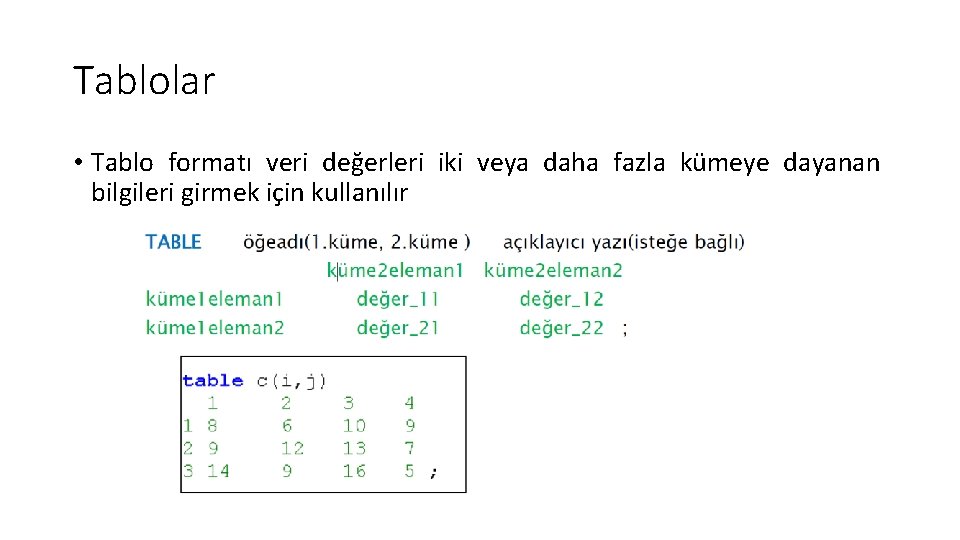 Tablolar • Tablo formatı veri değerleri iki veya daha fazla kümeye dayanan bilgileri girmek