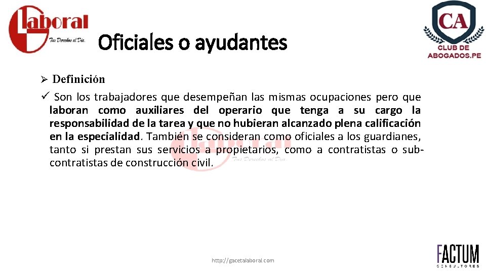 Oficiales o ayudantes Ø Definición ü Son los trabajadores que desempeñan las mismas ocupaciones