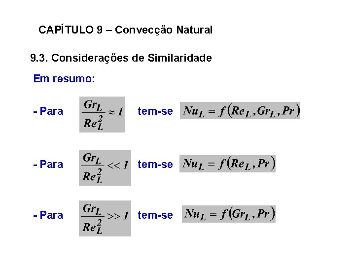 CAPÍTULO 9 – Convecção Natural 9. 3. Considerações de Similaridade Em resumo: - Para