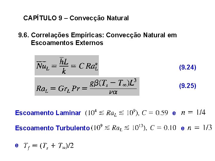 CAPÍTULO 9 – Convecção Natural 9. 6. Correlações Empíricas: Convecção Natural em Escoamentos Externos