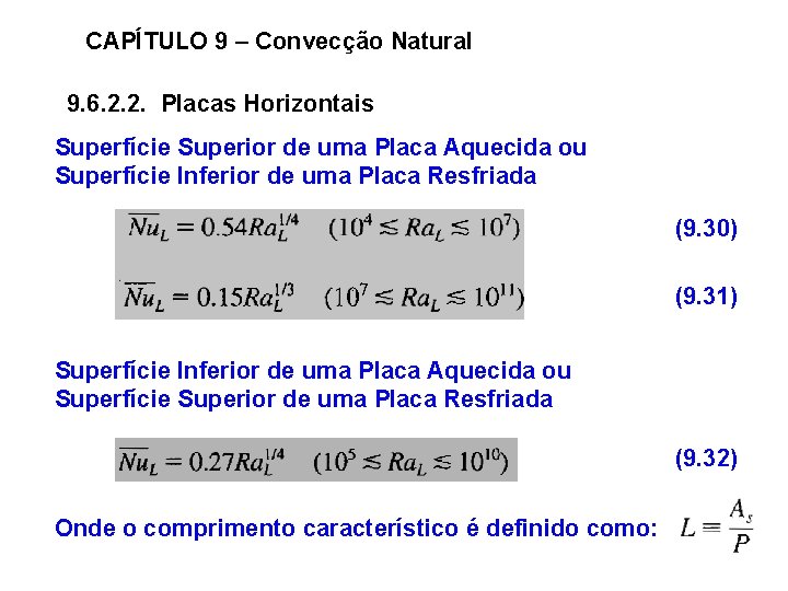 CAPÍTULO 9 – Convecção Natural 9. 6. 2. 2. Placas Horizontais Superfície Superior de