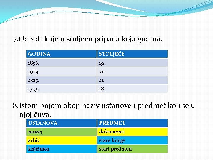 7. Odredi kojem stoljeću pripada koja godina. GODINA STOLJEĆE 1856. 1903. 2015. 21 1753.